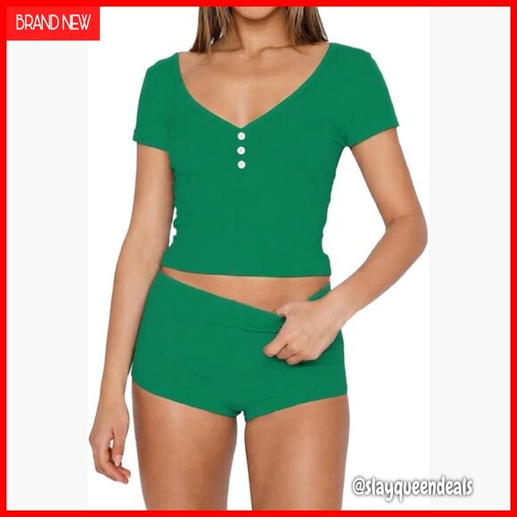 Women's Ribbed Knit Pajama Set Button Down Top Shorts Sleepwear